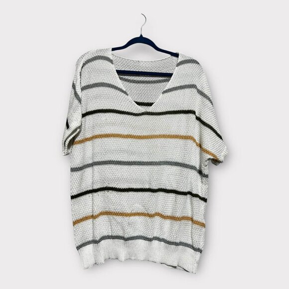 Striped Knit Tunic Sweater Top | Plus Size 1X | Cozy Casual V-Neck - Picture 1 of 4